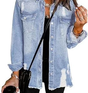 Dokotoo Women's Oversized Denim Jacket Casual Long Sleeve Denim Shirts Distresse Jean Jacket